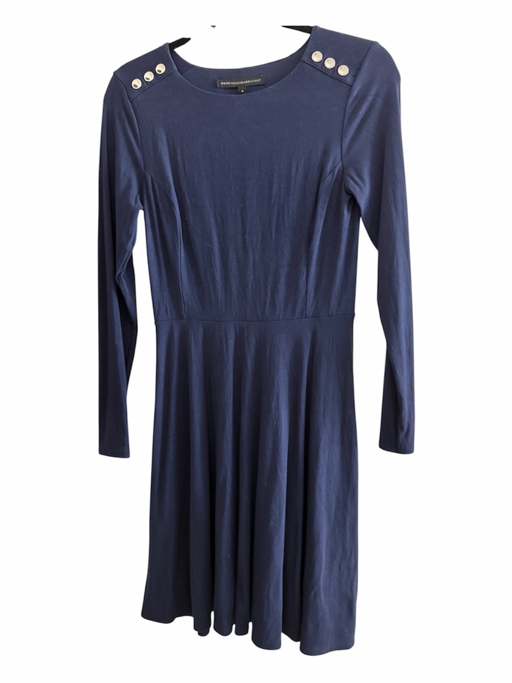 White House Black Market Navy Long-Sleeve Button-Shoulder Fit & Flare Dress